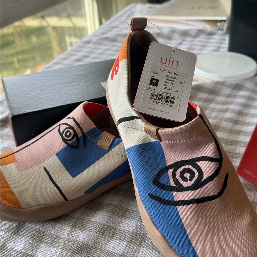 UIN.   Women’s Slip-On Sneakers in Blue, Pink & Orange with Playful Face Art - Picture 3 of 6